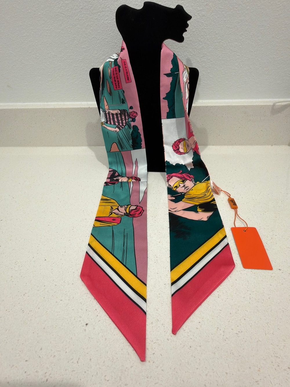 Silk Comic-Print Twilly Scarf in Pink, Teal & Yellow